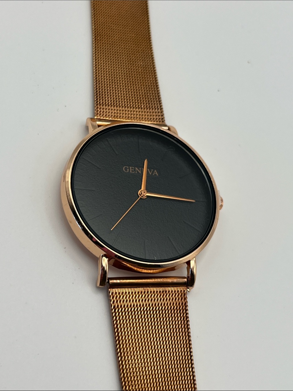 Geneva Rose Gold Mesh Watch with Black Dial